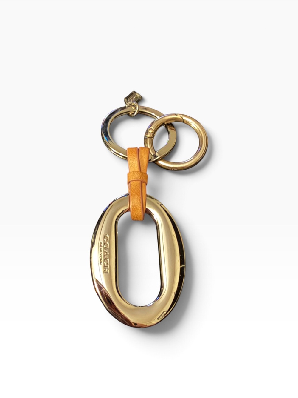 Coach Gold-Tone O-Ring Key & Card Holder with Tan Leather Loop